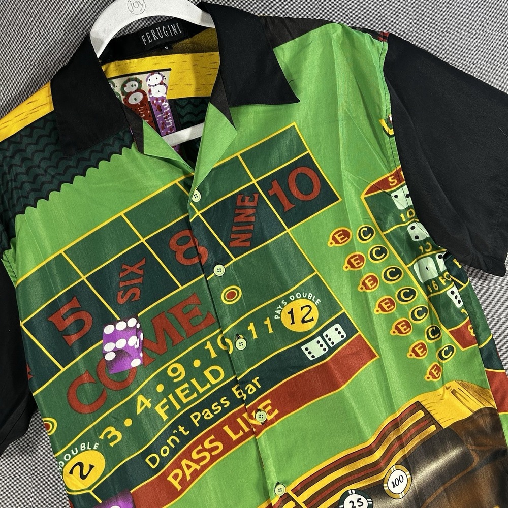 FERUGINI Casino‎ Craps Shirt Mens Large Y2K Polyester Camp Green Vegas